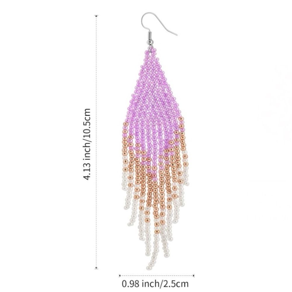 Purple Bohemian Seed Bead Tassel Dangling Statement French Wire Hook Earrings - Picture 3 of 6